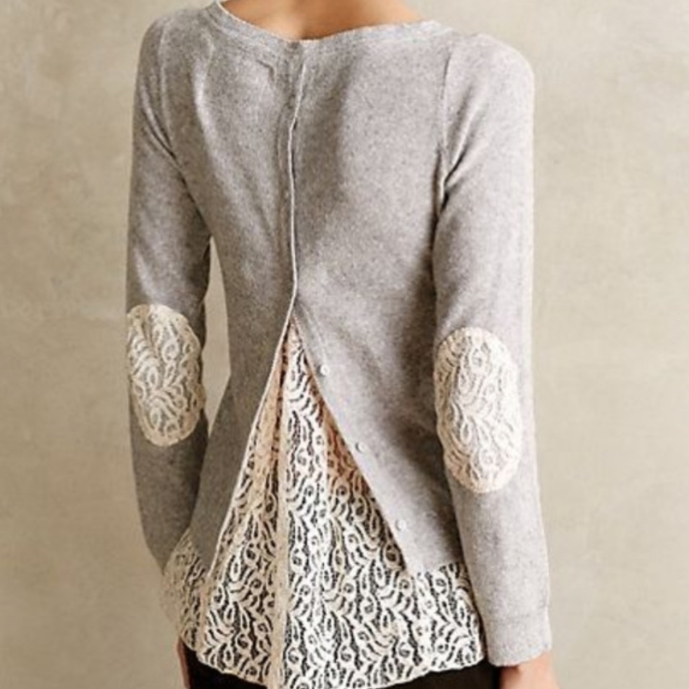 Anthro Gray Lace Trim Women's Top